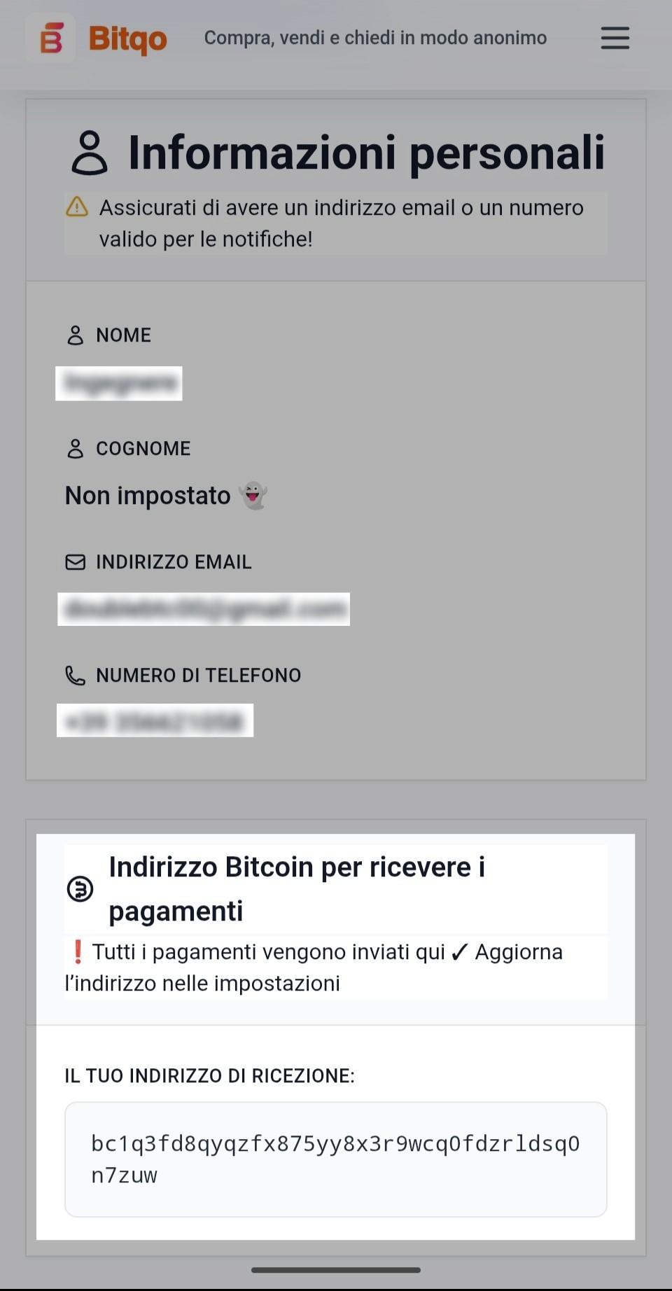 Indirizzo Bitcoin per ricevere i pagamenti